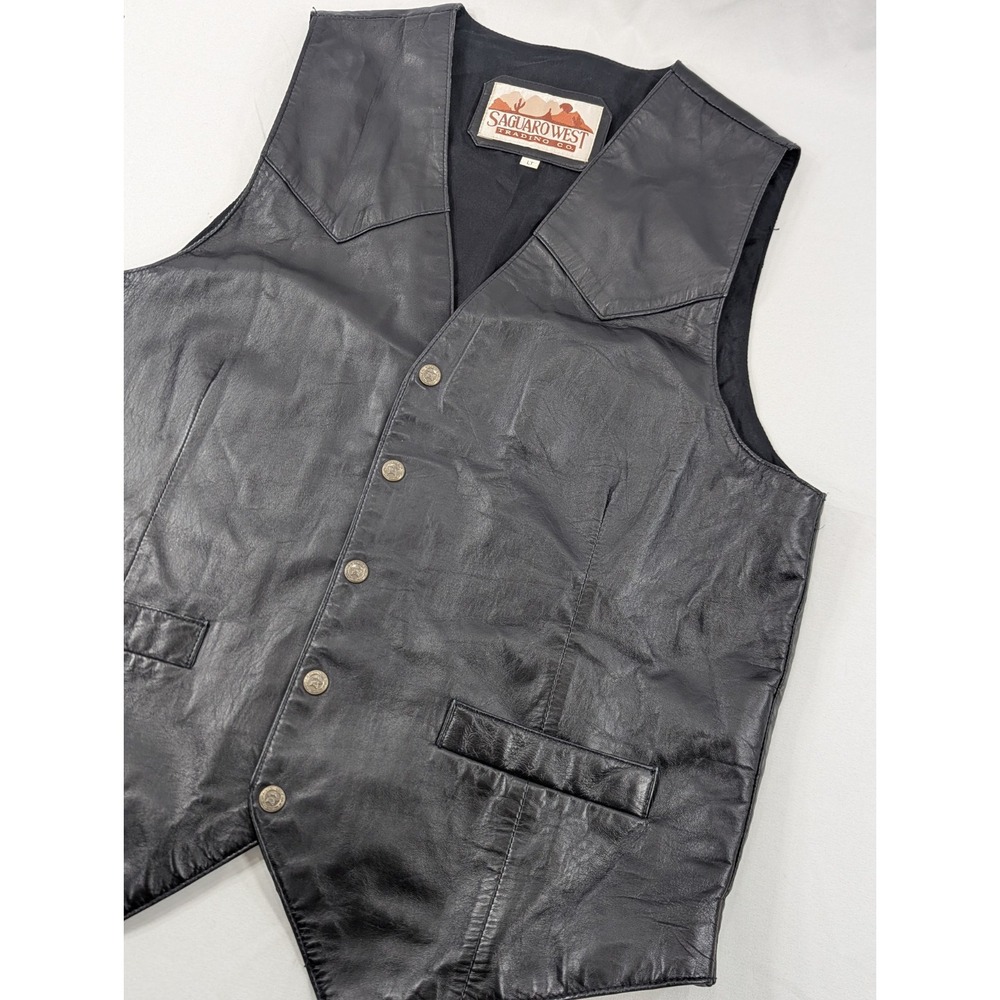 Vtg Saguaro West Trading Co Leather Vest  Black Western Biker Snap 90 Large Tall